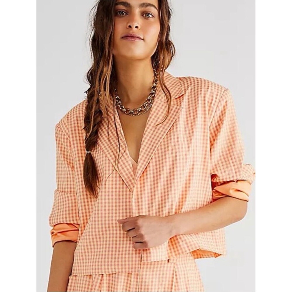 The Ragged Priest Peach Gingham Cropped Blazer